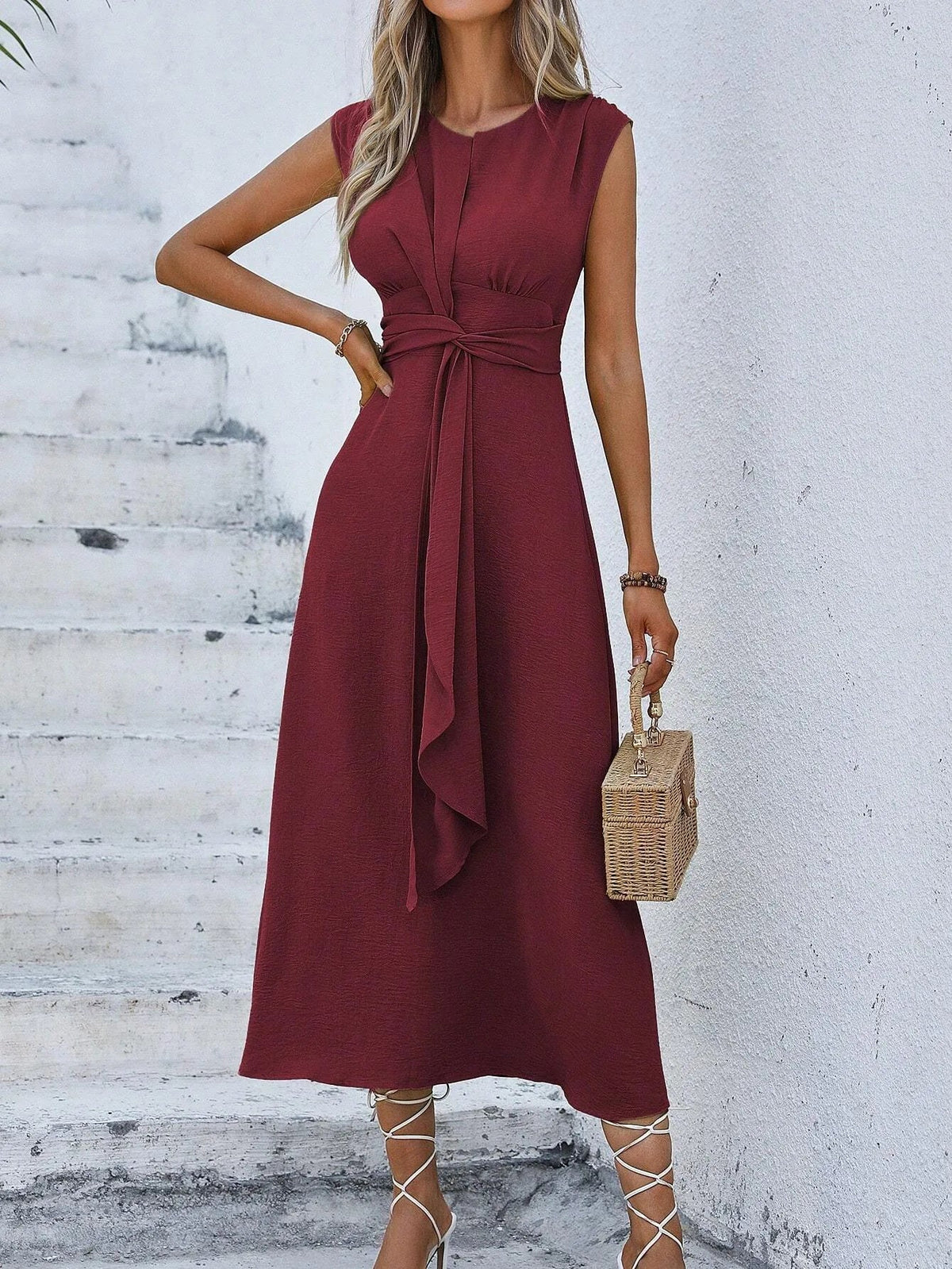 Women's Solid Color A-Line Dress Sleeveless Front Thin Straps Elegant Belted Midi Dress for Summer