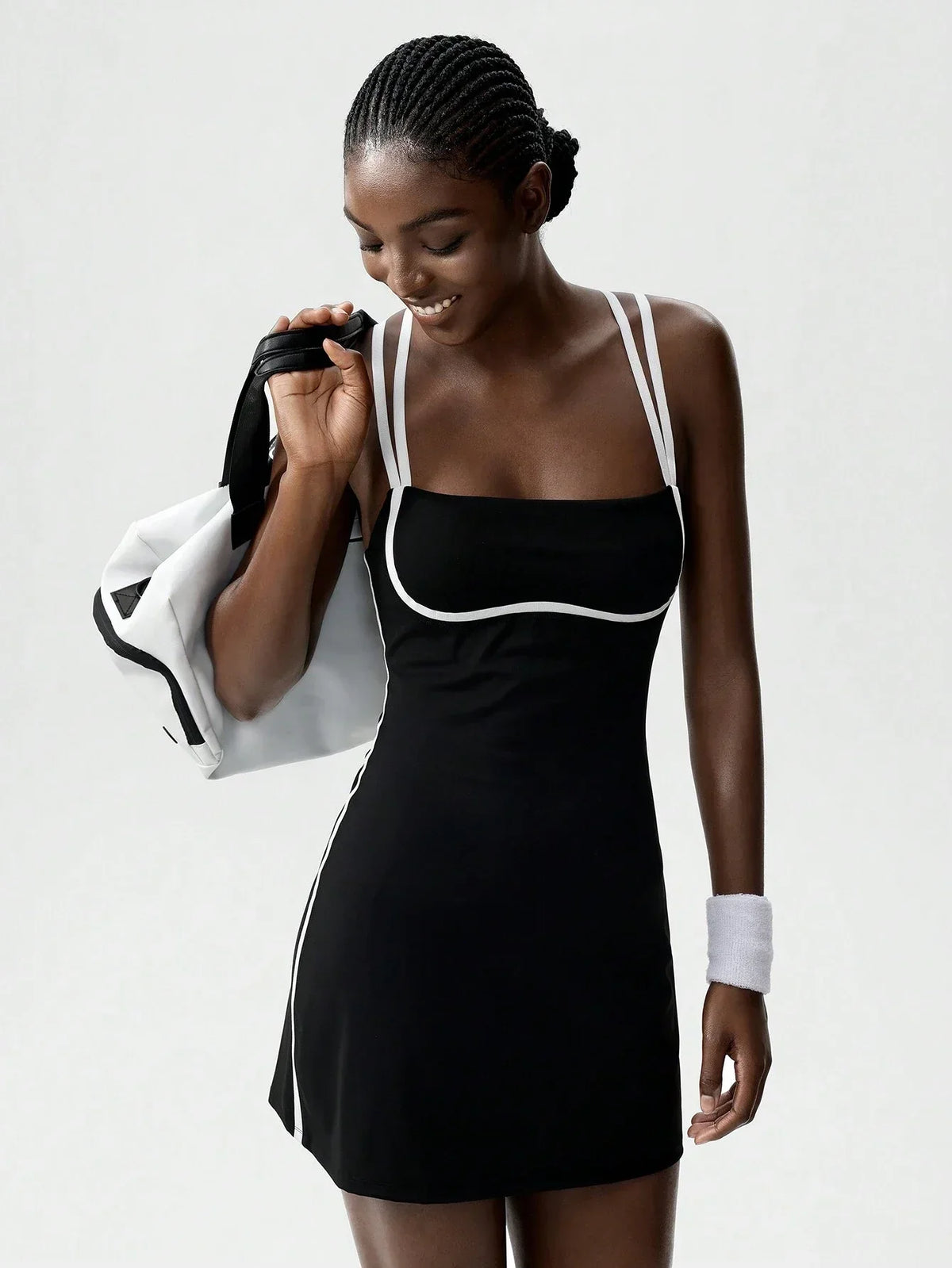 Black Striped Backless Active Dress For Women Tennis Yoga
